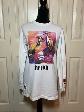 Heron Preston White Fuchsia Heron Bird Painted Organic Long Sleeve Cotton Tee